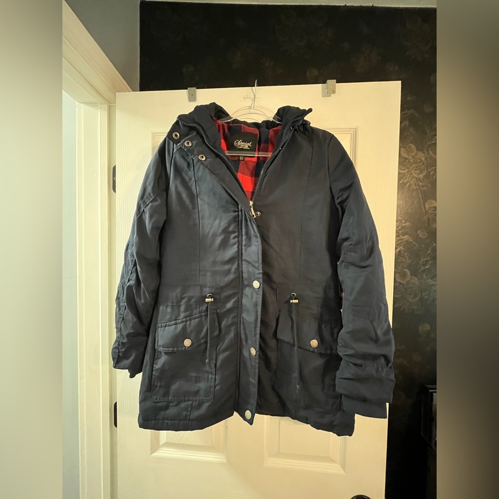 NWT Dark Blue Utility Jacket with Red Check Lining